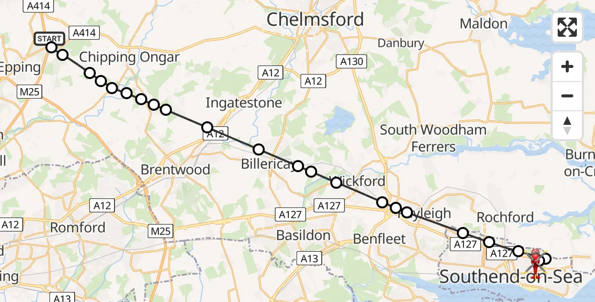 Flight path map showing Air Ambulance Helicopter route from North Weald Airfield to Southend-on-Sea