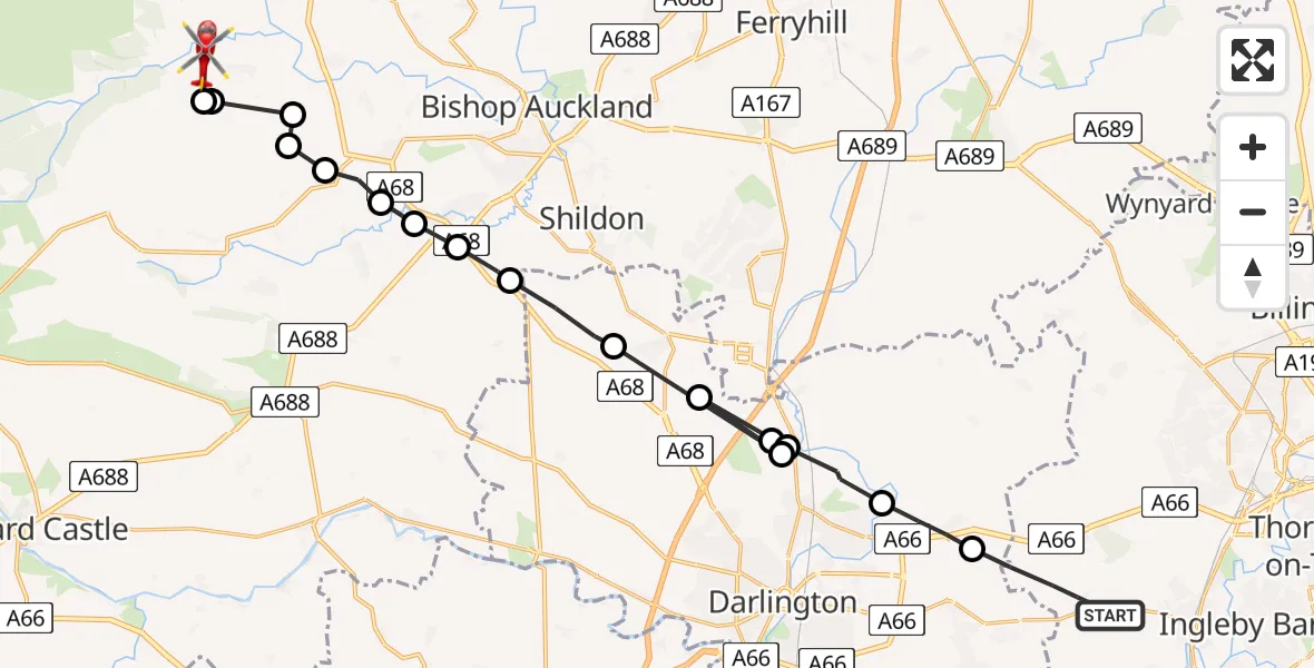 Flight path map showing Air Ambulance Helicopter route from Longnewton to Hamsterley