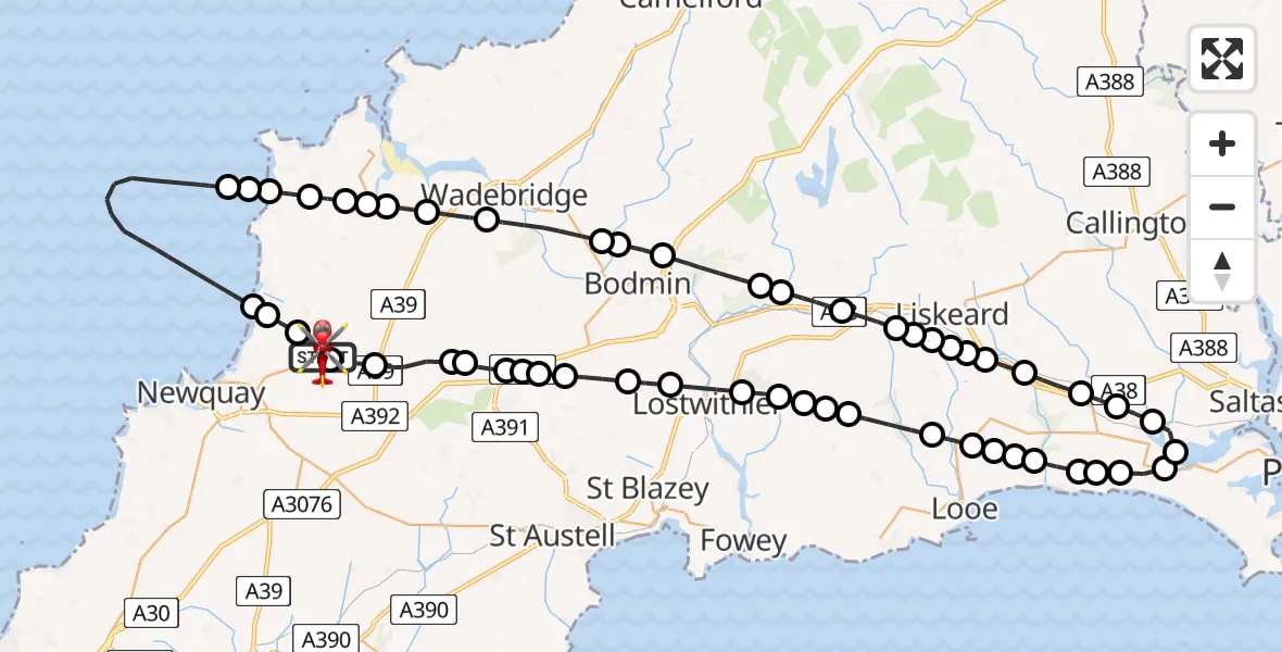Flight path map showing Air Ambulance Helicopter route from Cornwall Airport Newquay to Cornwall Airport Newquay