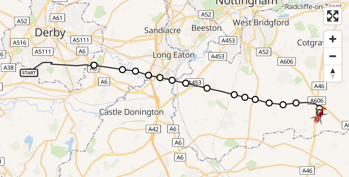 Flight path map showing Air Ambulance Helicopter route from Derby to Nottingham Heliport