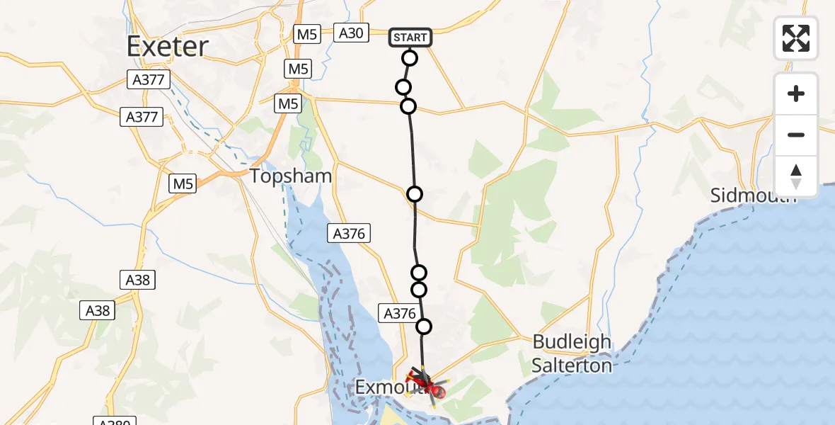 Flight path map showing Air Ambulance Helicopter route from Exeter International Airport to Exmouth