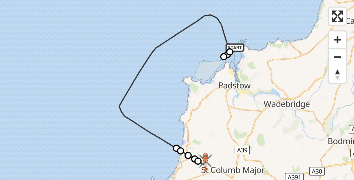 Routekaart van de vlucht: Coastguard Helicopter to Cornwall Airport Newquay