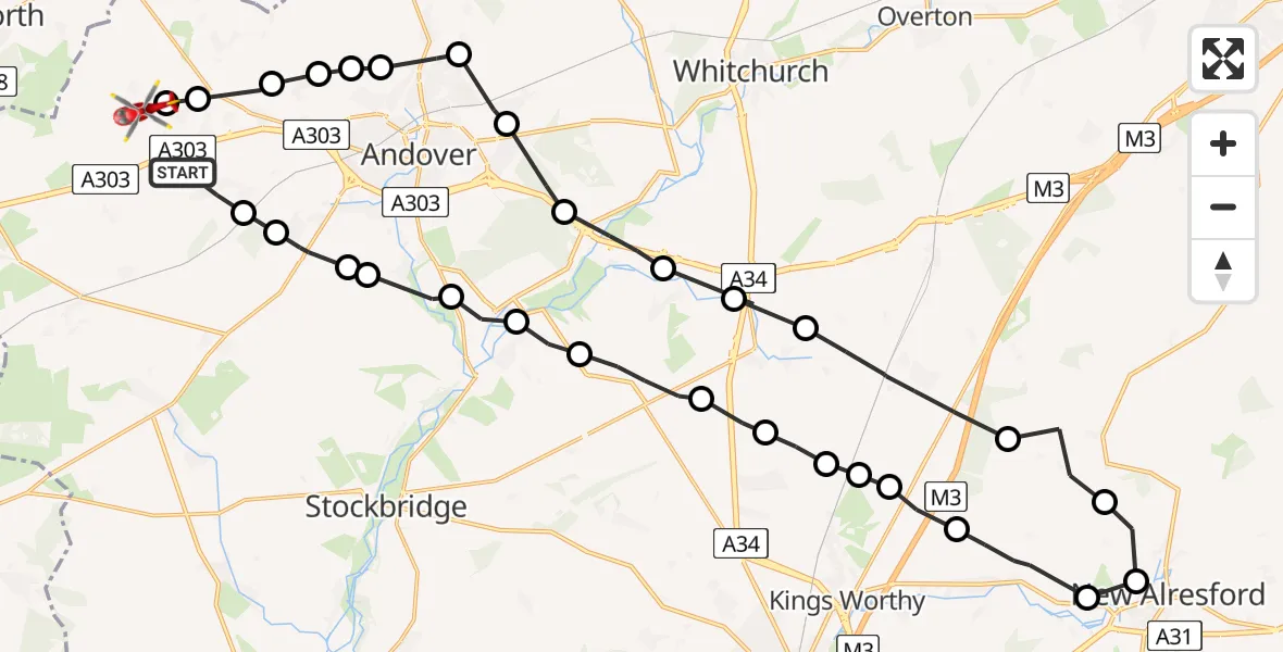 Flight path map showing Air Ambulance Helicopter route from Amport to Kimpton