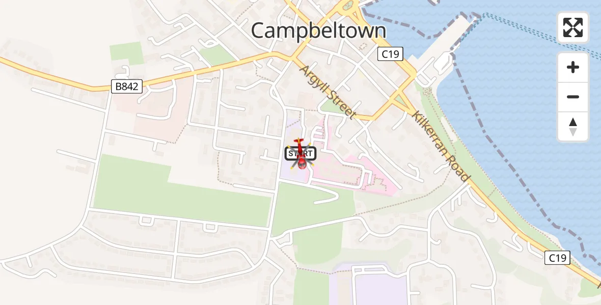 Flight path map showing Air Ambulance Helicopter route from Campbeltown Hospital Helipad to Campbeltown