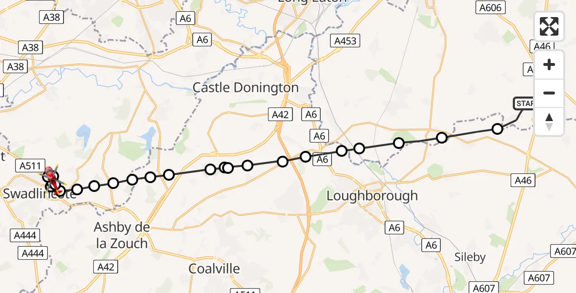 Flight path map showing Air Ambulance Helicopter route from Willoughby on the Wolds to Hartshorne