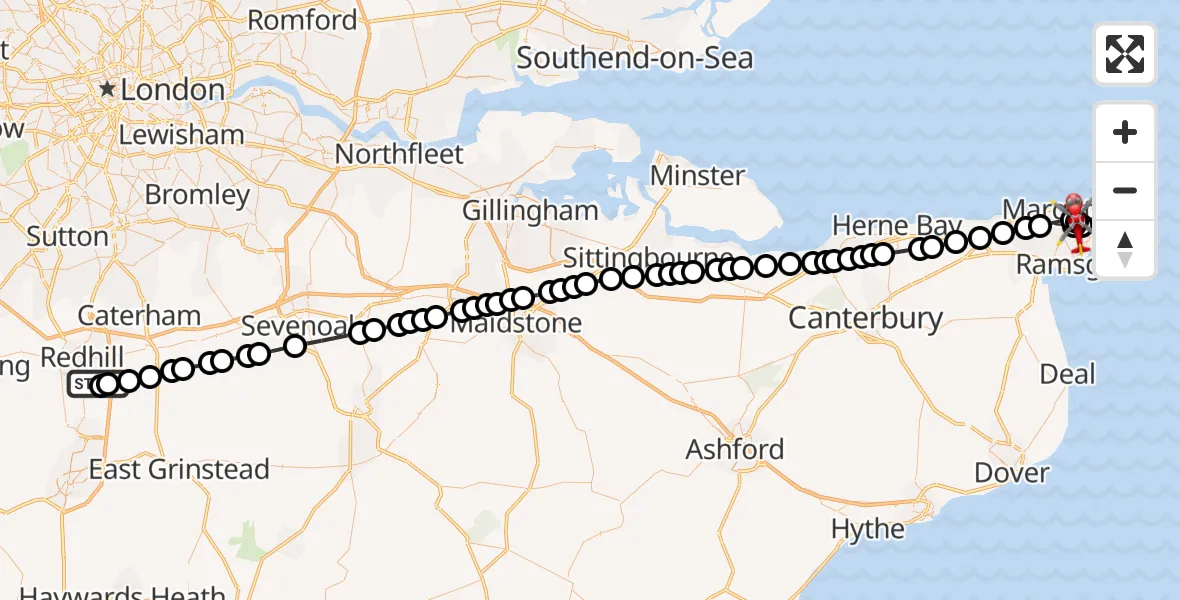 Flight path map showing Air Ambulance Helicopter route from Redhill Aerodrome to Broadstairs
