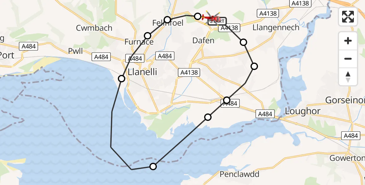 Routekaart van de vlucht: Air Ambulance Helicopter to Dafen, Heol Aur