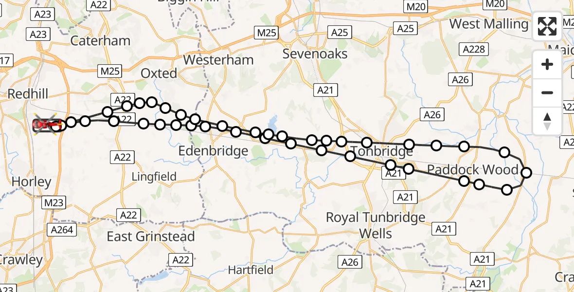 Flight path map showing Air Ambulance Helicopter route from Redhill Aerodrome to Redhill Aerodrome