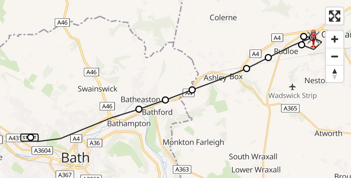 Flight path map showing Air Ambulance Helicopter route from Royal United Hospital Bath to Corsham