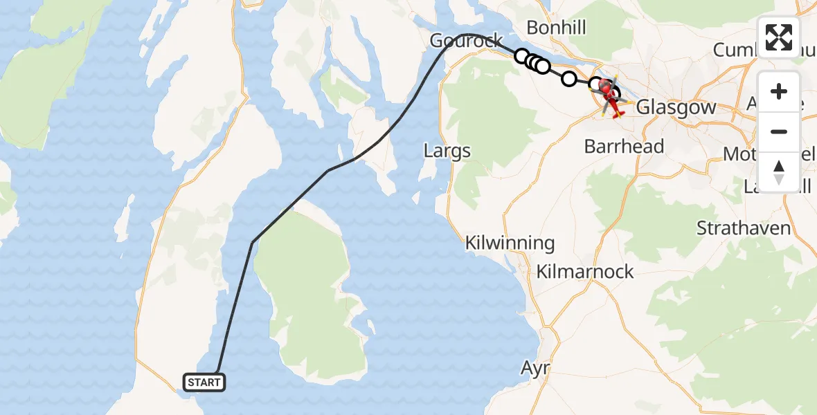 Flight path map showing Air Ambulance Helicopter route from Inner Seas to Glasgow Airport