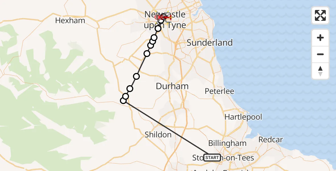 Flight path map showing Air Ambulance Helicopter route from Stockton-on-Tees to Newcastle Royal Victoria Infirmary