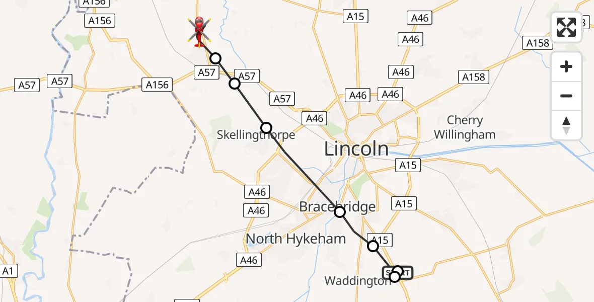 Flight path map showing Air Ambulance Helicopter route from RAF Waddington to Saxilby