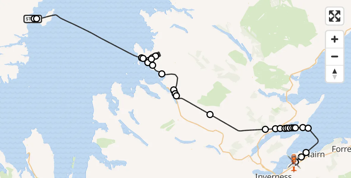Flight path map showing Coastguard Helicopter route from Stornoway Airport to Inverness Airport