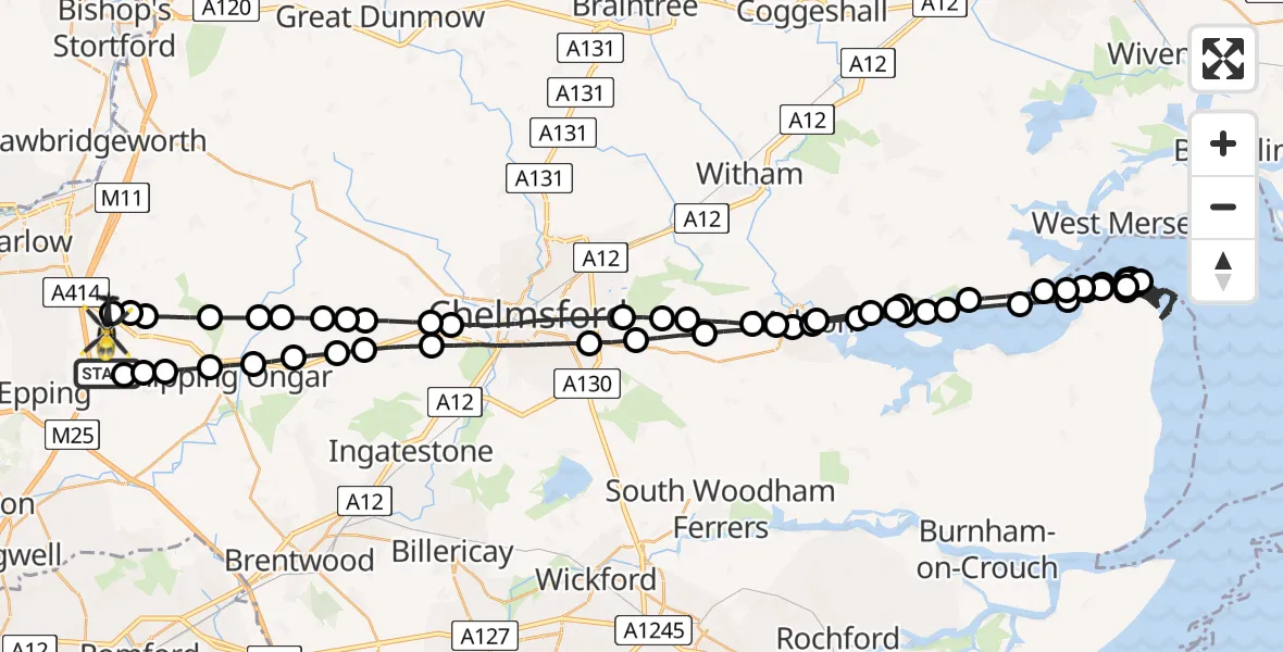 Flight path map showing Police Helicopter route from Woodhatch to North Weald Airfield