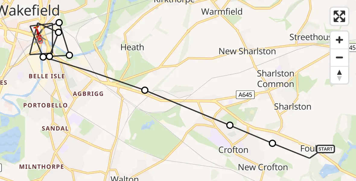 Routekaart van de vlucht: Air Ambulance Helicopter to Wakefield, Ship Yard