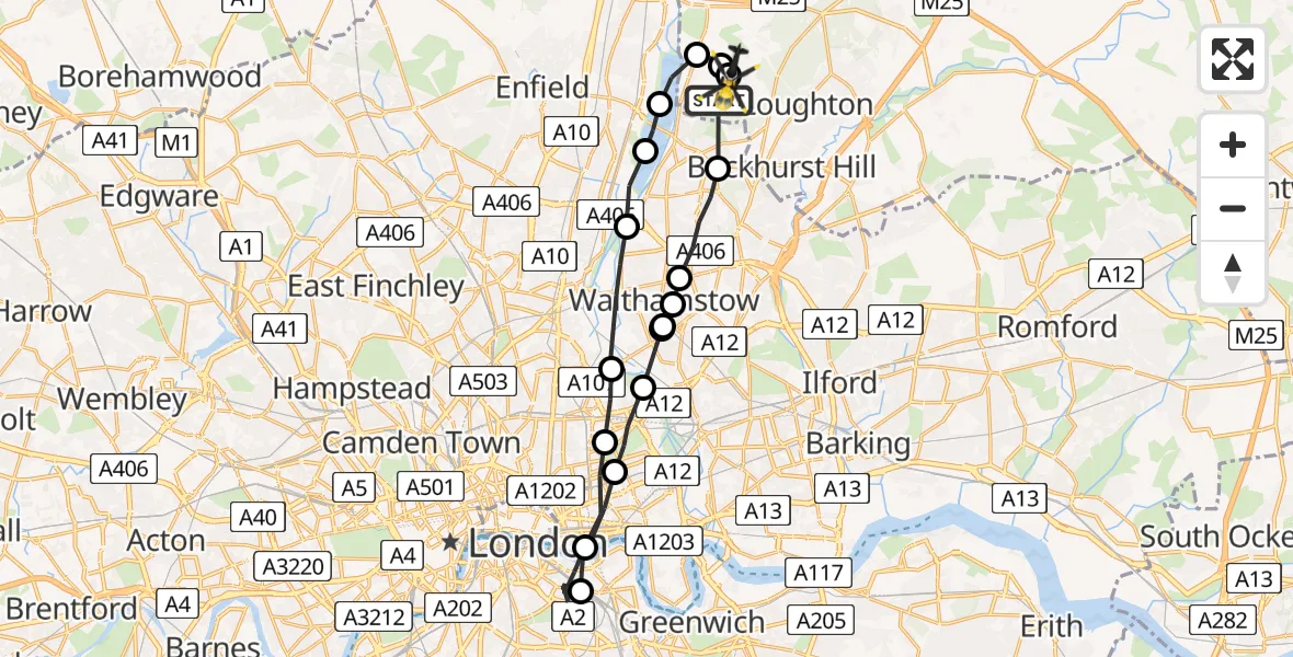 Flight path map showing Police Helicopter route from Sewardstonebury to Sewardstonebury