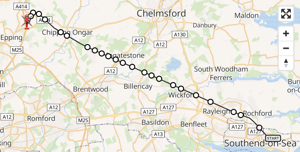 Flight path map showing Air Ambulance Helicopter route from Southend-on-Sea to North Weald Airfield