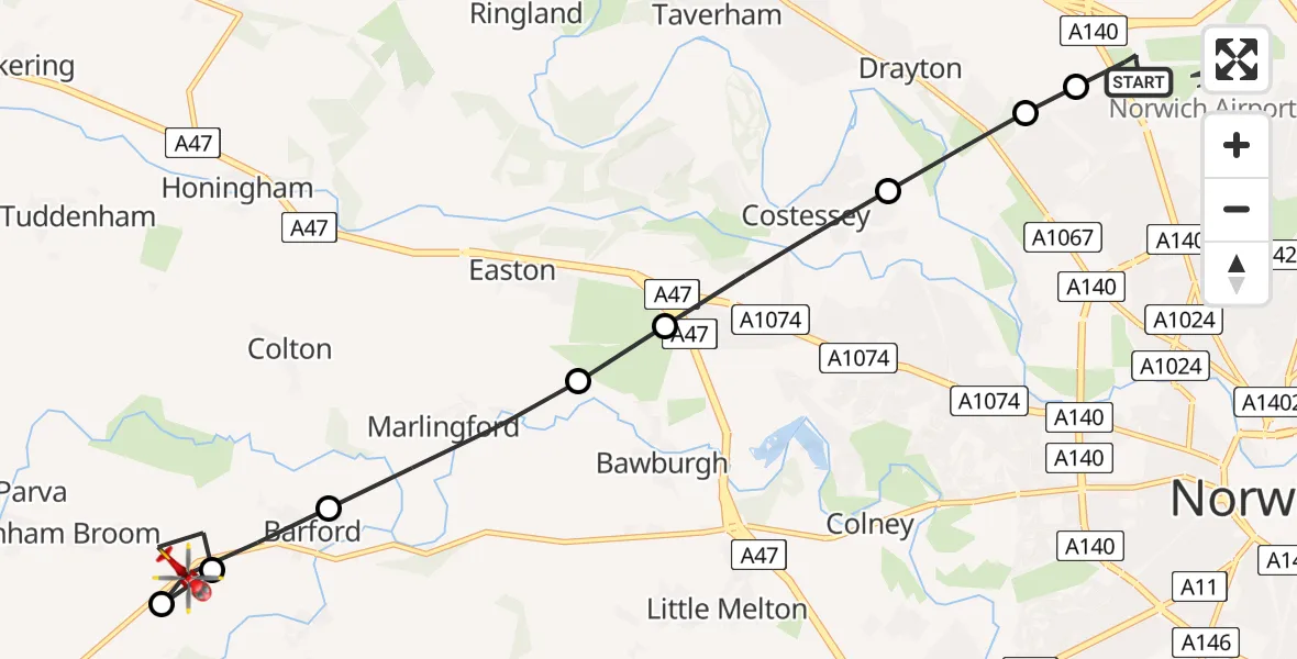 Flight path map showing Air Ambulance Helicopter route from Norwich Airport to Barford