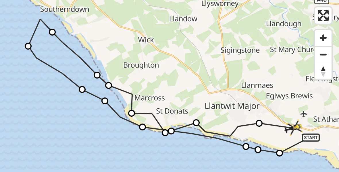 Flight path map showing Police Helicopter route from MOD St Athan to MOD St Athan
