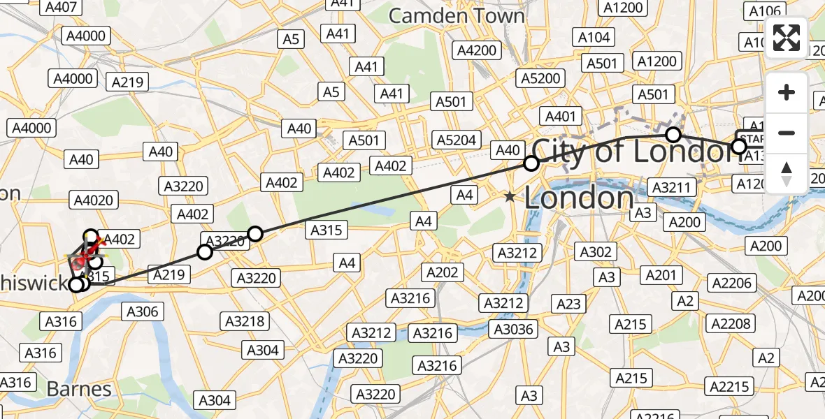 Flight path map showing Air Ambulance Helicopter route from Royal London Hospital to London Borough of Hounslow