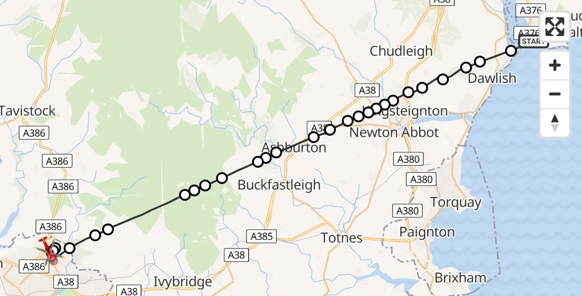 Flight path map showing Air Ambulance Helicopter route from Exmouth to Crownhill