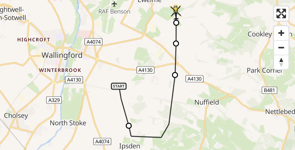 Flight path map showing Police Helicopter route from Crowmarsh Gifford to Ewelme