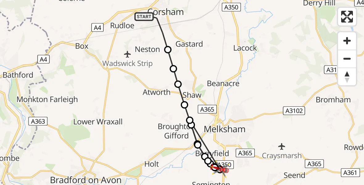 Routekaart van de vlucht: Air Ambulance Helicopter to Melksham, Commerce Way