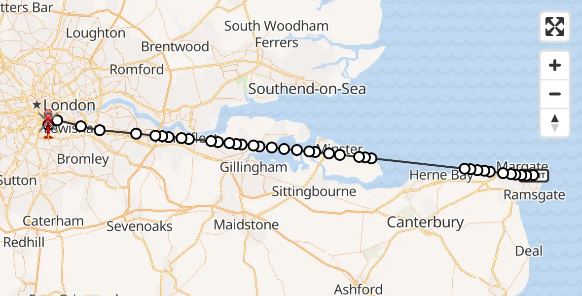 Flight path map showing Air Ambulance Helicopter route from Broadstairs to Kings College London Hospital