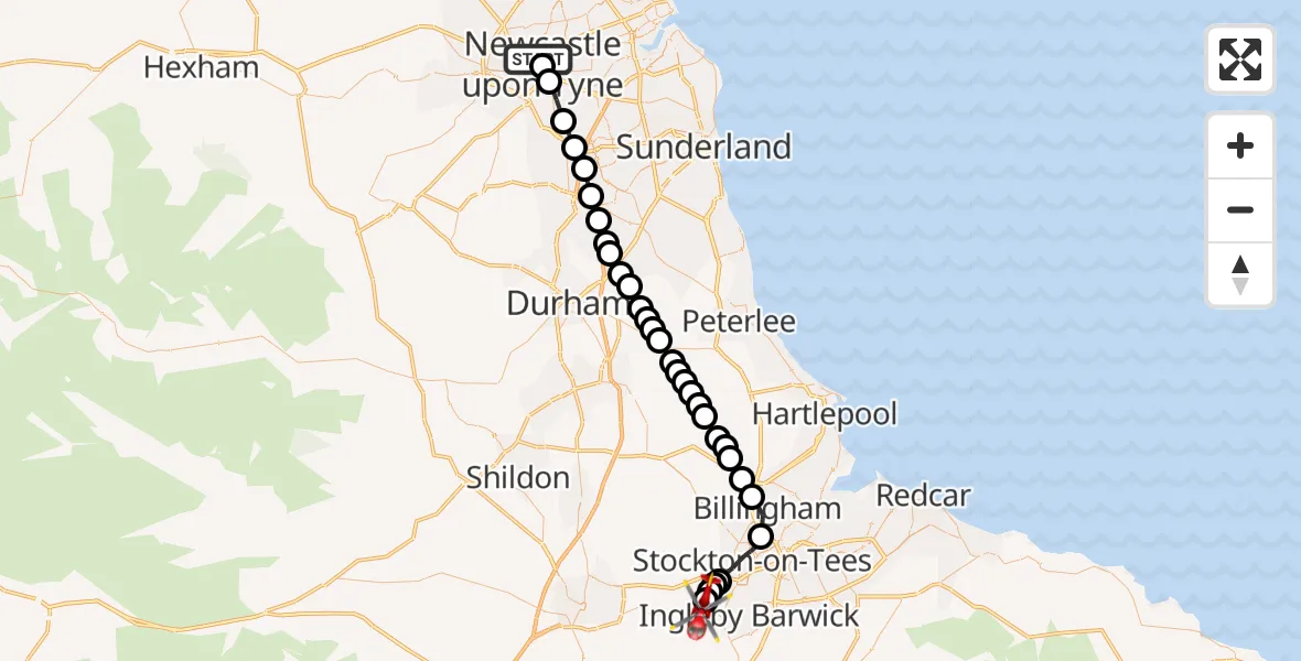 Flight path map showing Air Ambulance Helicopter route from Newcastle Royal Victoria Infirmary to Egglescliffe