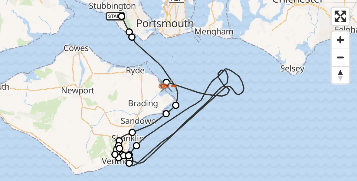 Flight path map showing Coastguard Helicopter route from Solent Airport to Bembridge