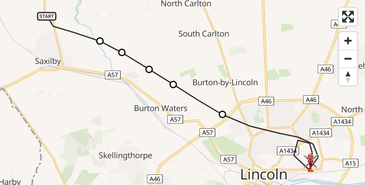 Flight path map showing Air Ambulance Helicopter route from Saxilby to Lincoln