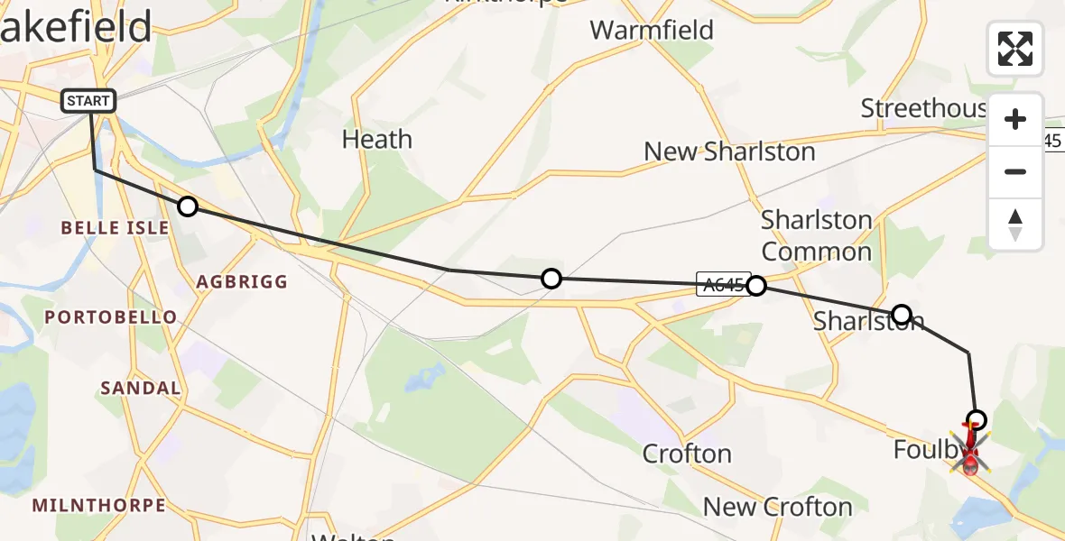Flight path map showing Air Ambulance Helicopter route from Wakefield to YAA Nostell Helicopter Port