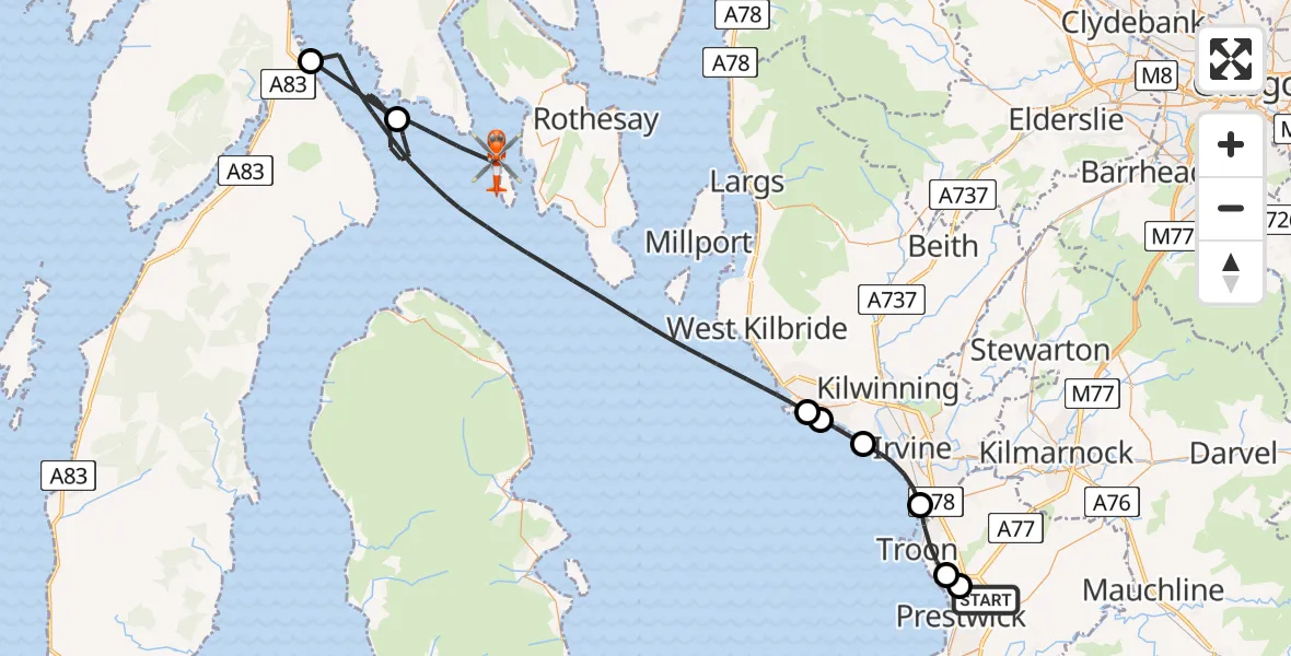 Flight path map showing Coastguard Helicopter route from Glasgow Prestwick Airport to Inner Seas
