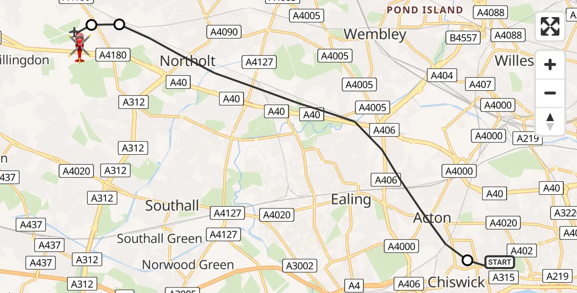Flight path map showing Air Ambulance Helicopter route from London Borough of Hounslow to RAF Northolt