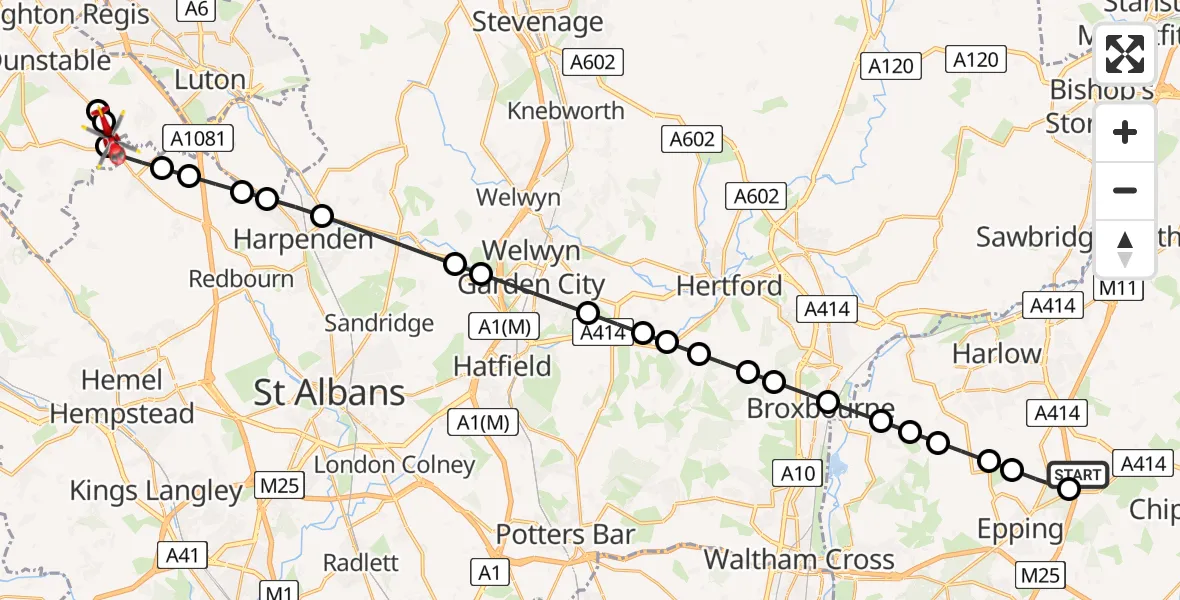 Flight path map showing Air Ambulance Helicopter route from North Weald Airfield to Markyate