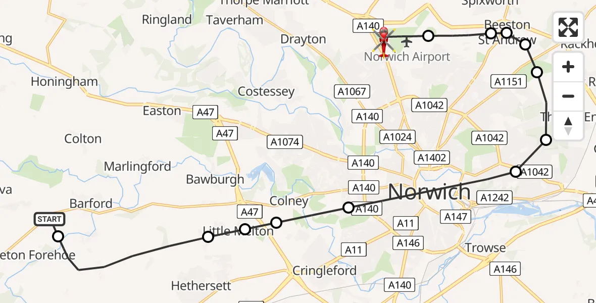 Flight path map showing Air Ambulance Helicopter route from Barford to Norwich Airport