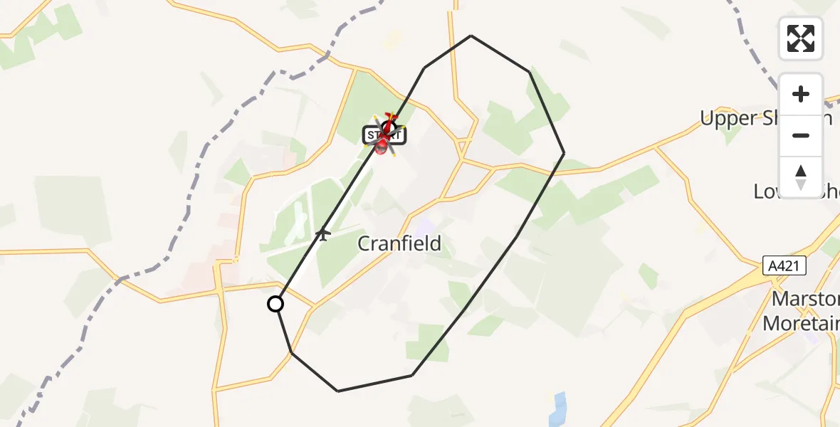 Flight path map showing Air Ambulance Helicopter route from Cranfield Airport to Cranfield Airport