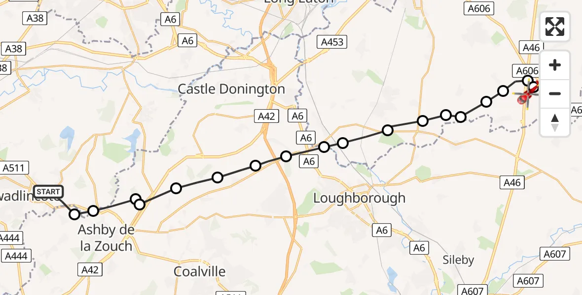 Flight path map showing Air Ambulance Helicopter route from Woodville to Nottingham Heliport