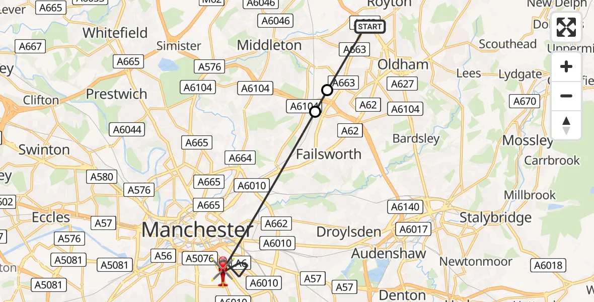 Flight path map showing Air Ambulance Helicopter route from Chadderton to Manchester