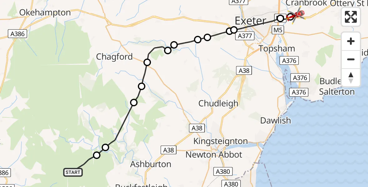 Flight path map showing Air Ambulance Helicopter route from West Devon to Exeter International Airport