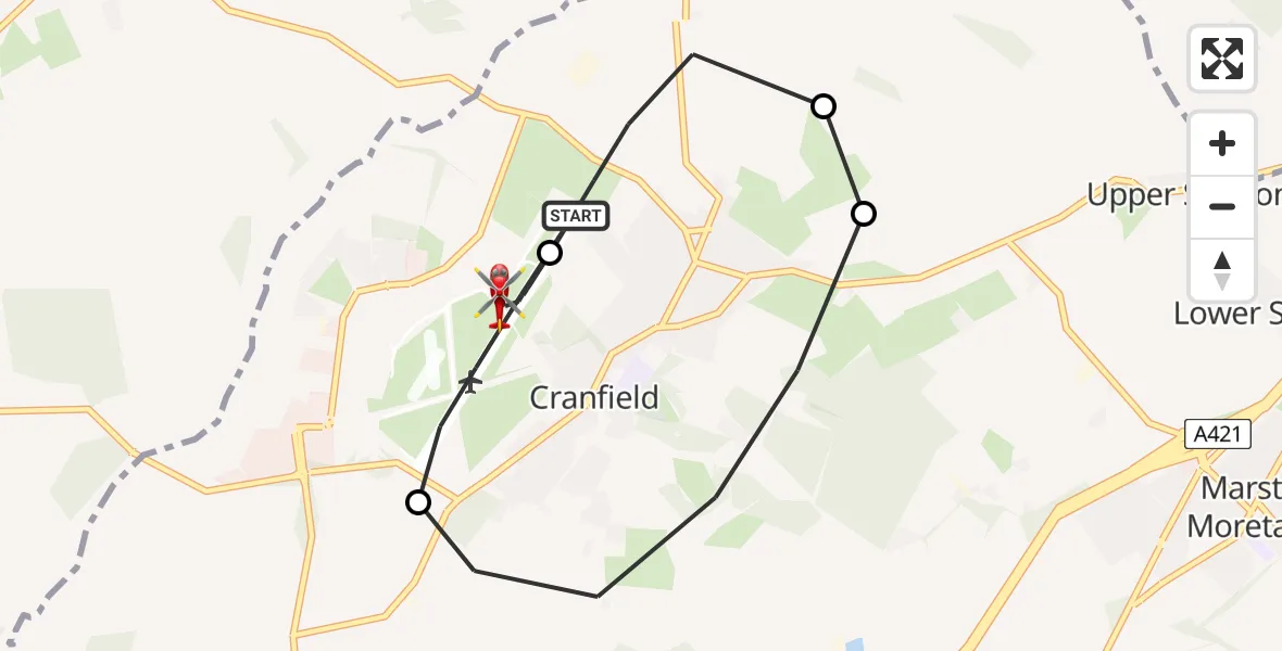 Flight path map showing Air Ambulance Helicopter route from Cranfield Airport to Cranfield Airport