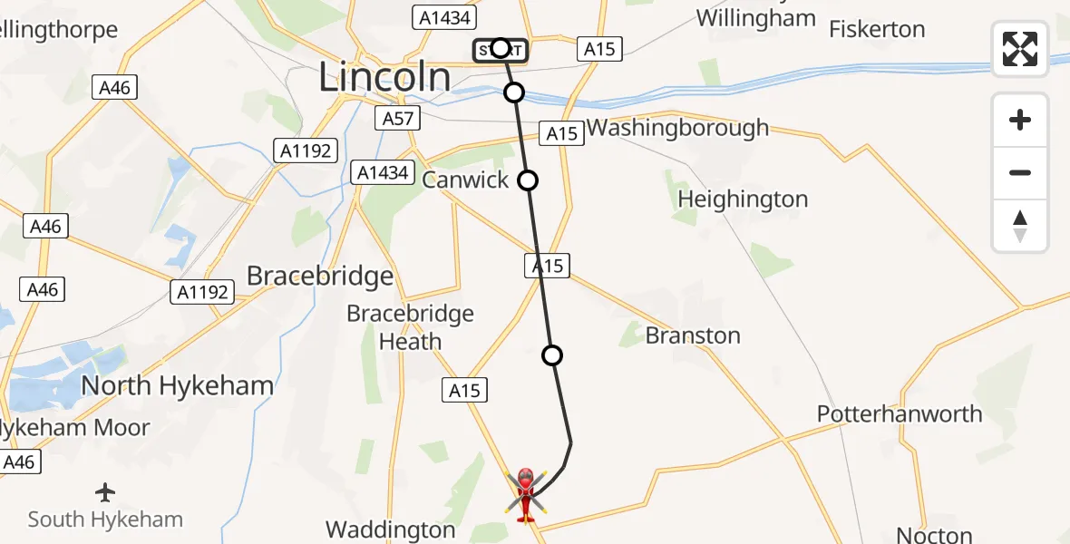 Flight path map showing Air Ambulance Helicopter route from Lincoln County Trauma Unit to North Kesteven