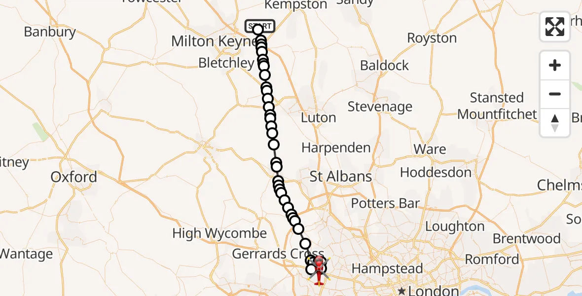 Flight path map showing Air Ambulance Helicopter route from Cranfield Airport to RAF Northolt
