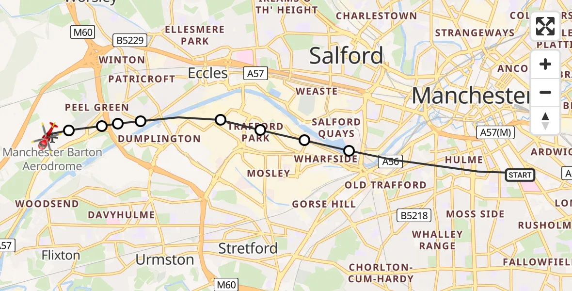 Flight path map showing Air Ambulance Helicopter route from Manchester to Manchester Barton Aerodrome