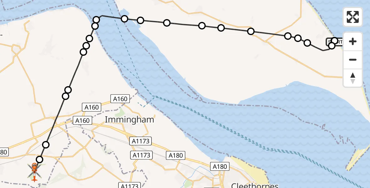 Flight path map showing Coastguard Helicopter route from Easington to Humberside Airport