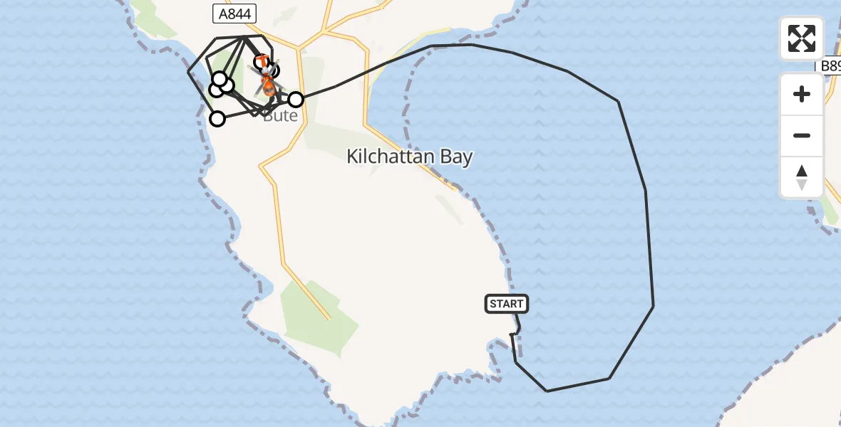 Flight path map showing Coastguard Helicopter route from Inner Seas to Bute Airfield
