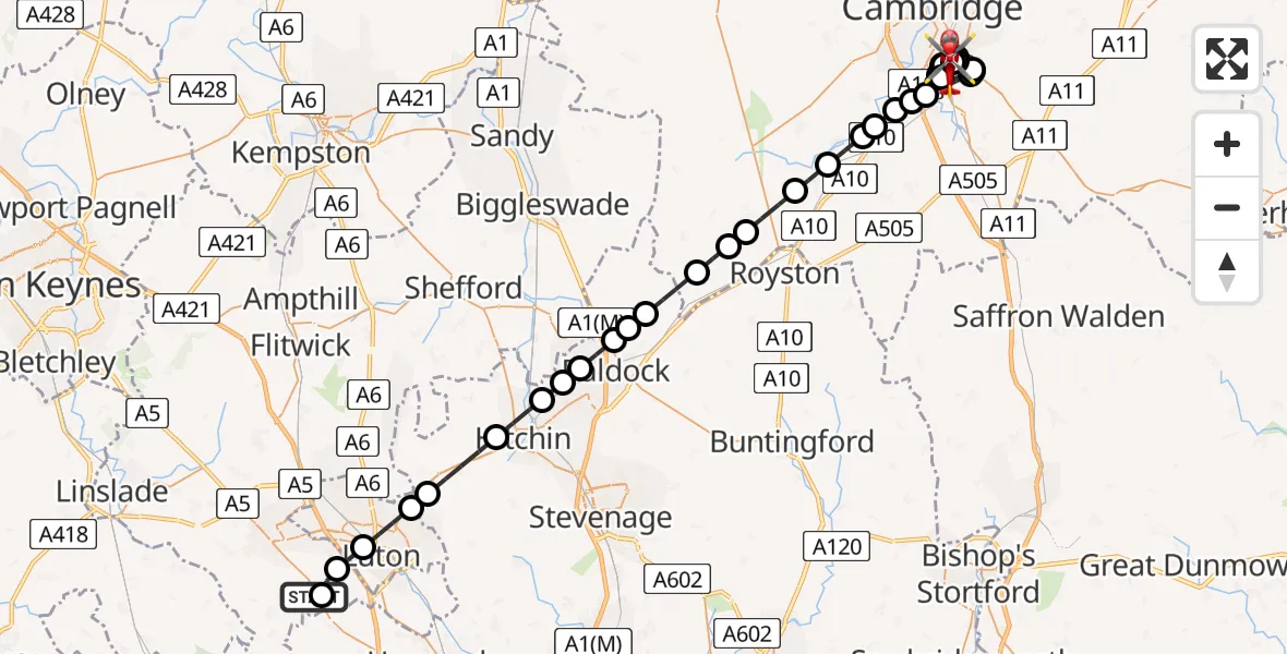 Flight path map showing Air Ambulance Helicopter route from Markyate to Papworth Hospital