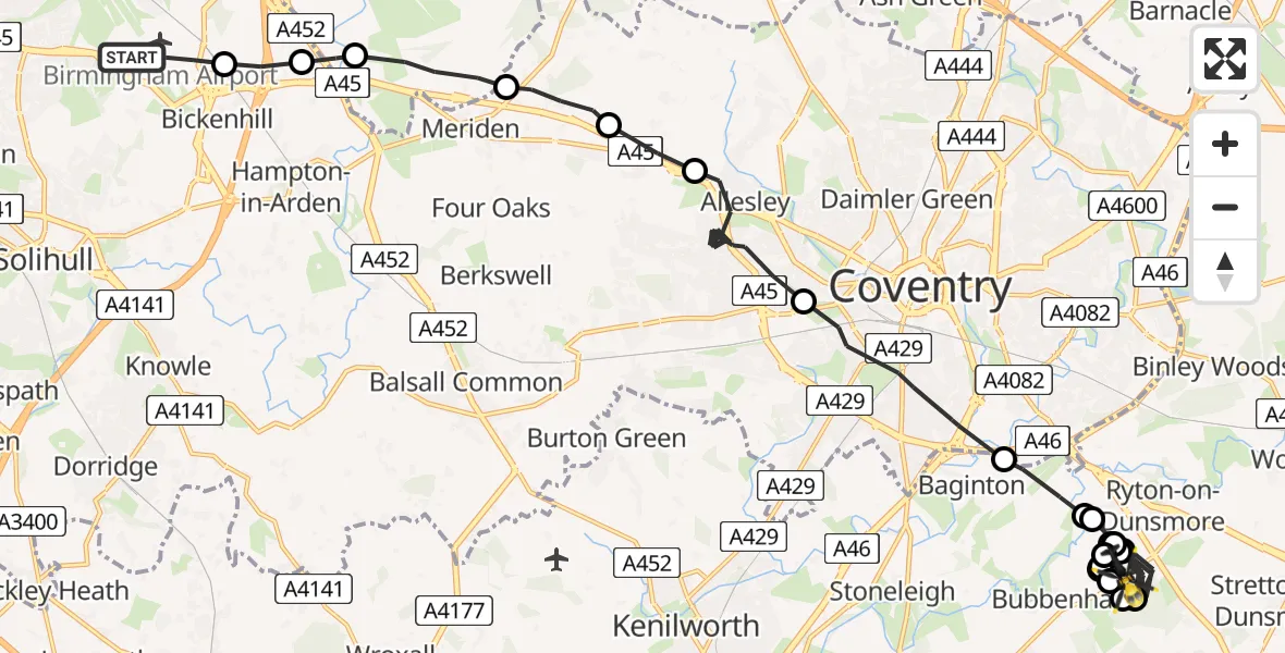Flight path map showing Police Helicopter route from Birmingham Airport to Rugby