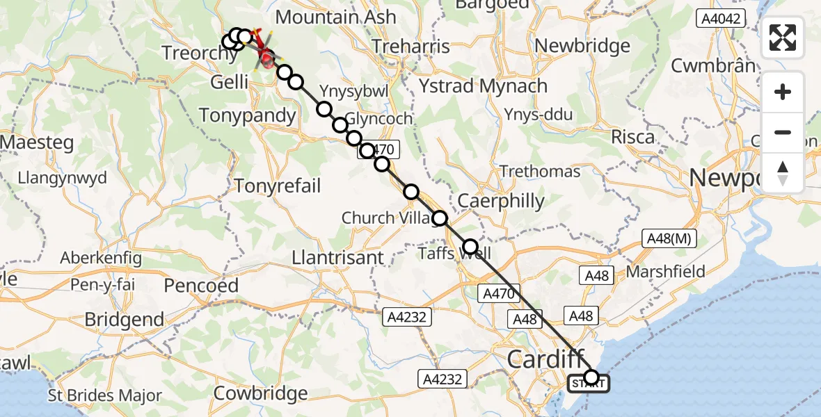 Flight path map showing Air Ambulance Helicopter route from Cardiff Heliport to Ferndale