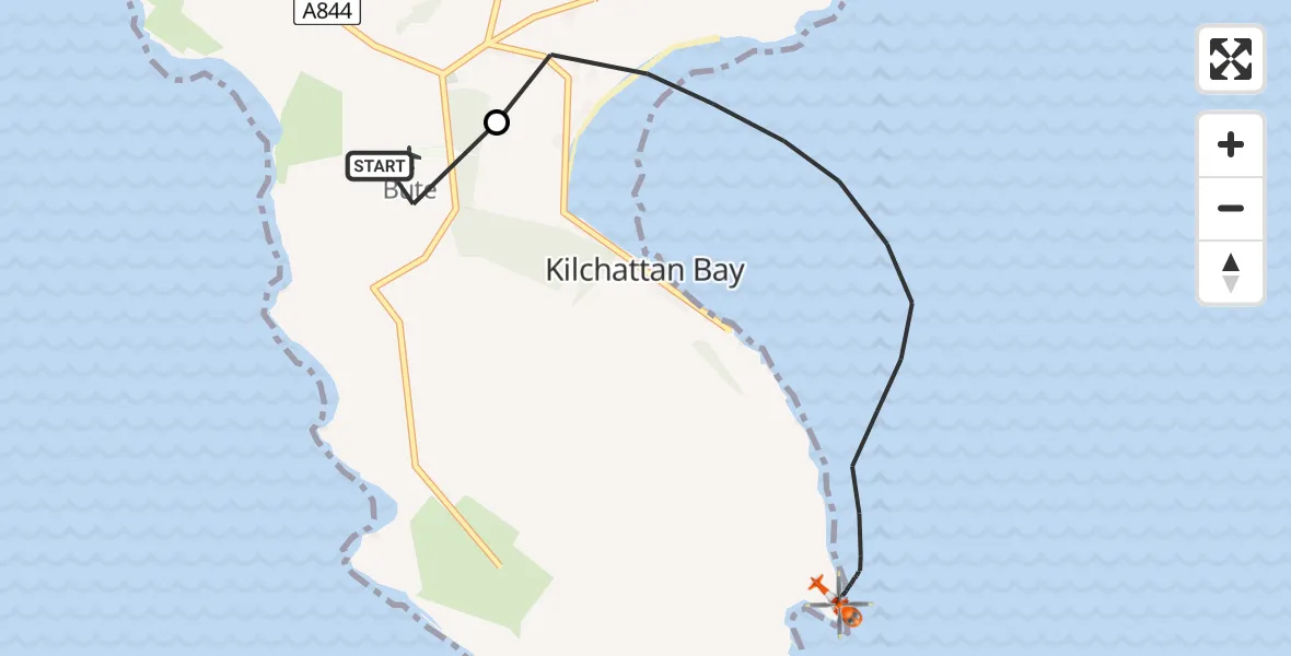 Flight path map showing Coastguard Helicopter route from Bute Airfield to Inner Seas
